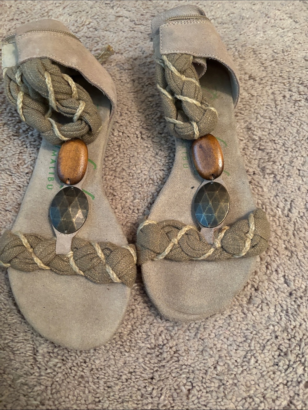 Blowfish Taupe Braided Slide Sandals with Wood and Gem Accents